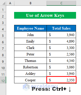 Use Arrow Keys to Go to the End of Excel Sheet