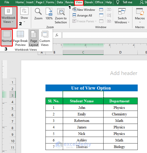 Use View Option to Hide Header and Footer in Excel