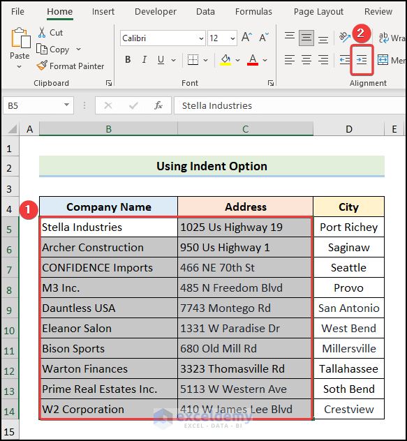 How to Indent the Data Twice in Excel Using Indent Option