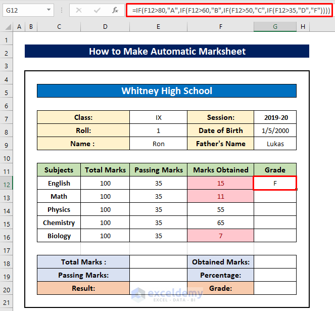 How to Make Automatic Marksheet in Excel