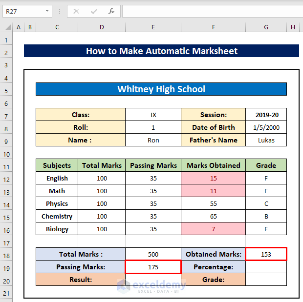 How to Make Automatic Marksheet in Excel