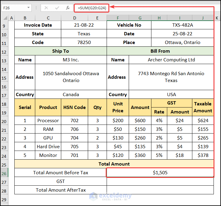 How to Make GST Export Invoice Format in Excel Calculating Total Amount with Tax