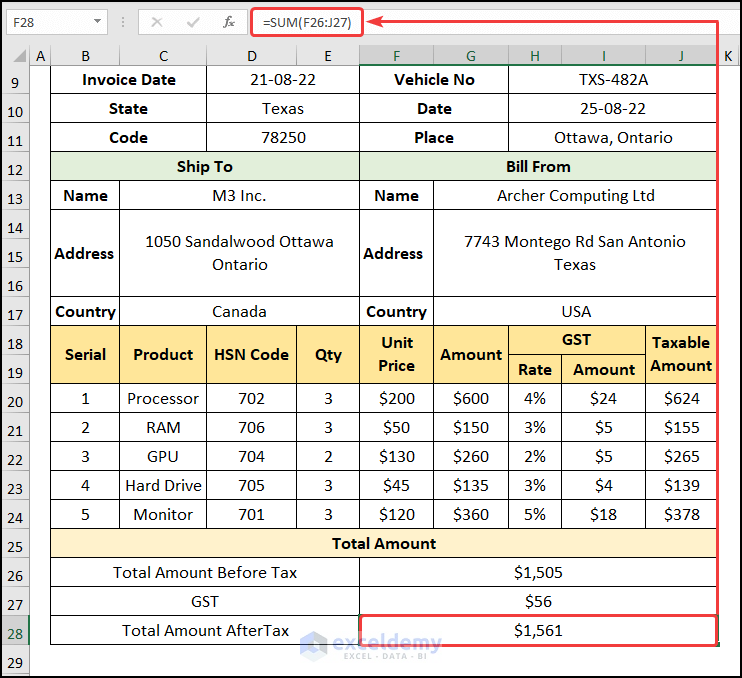 How to Make GST Export Invoice Format in Excel Calculating Total Amount with Tax