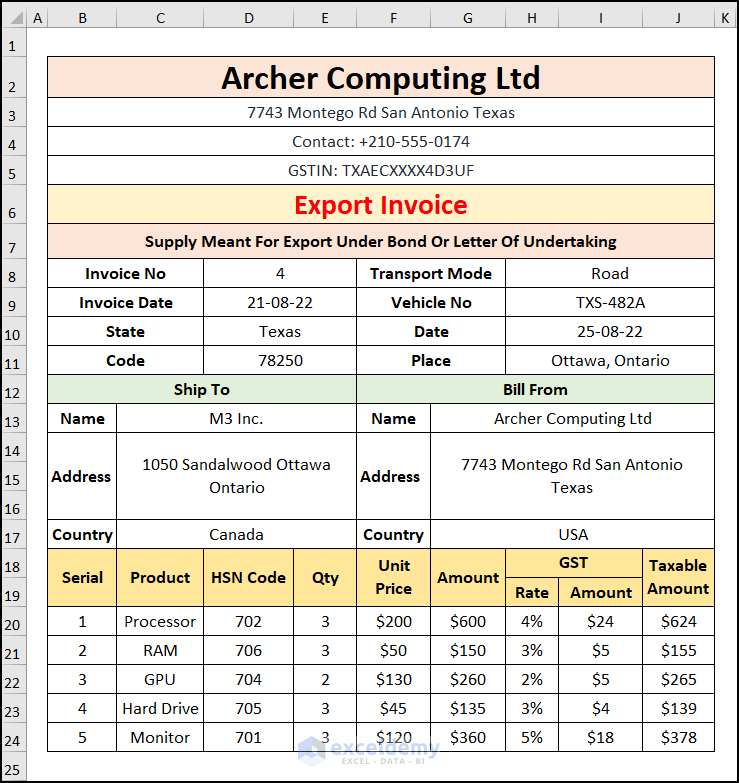 How to Make GST Export Invoice Format in Excel Incorporating HSN Number, Product, and Tax