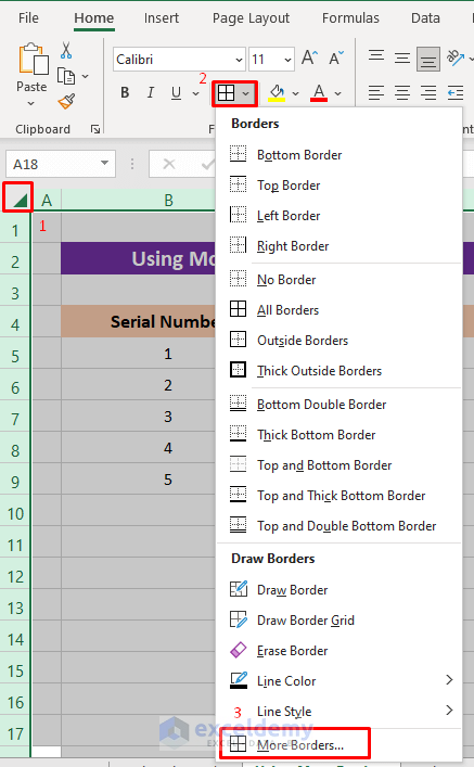 Using Borders Command to Make Solid Grid Lines in Excel