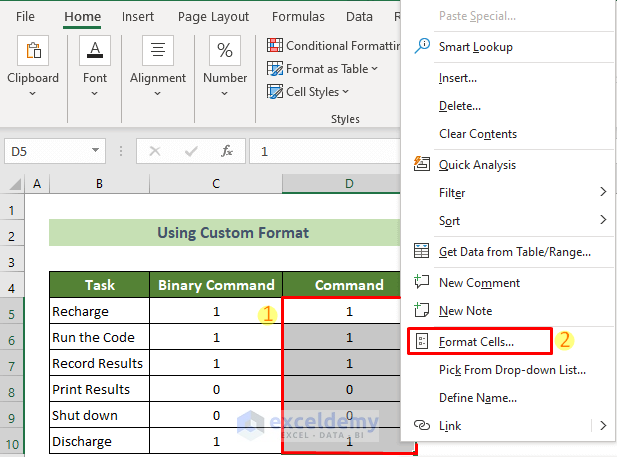 Choose the Format Cells Option to Make 1 as Yes and 0 as No in Excel