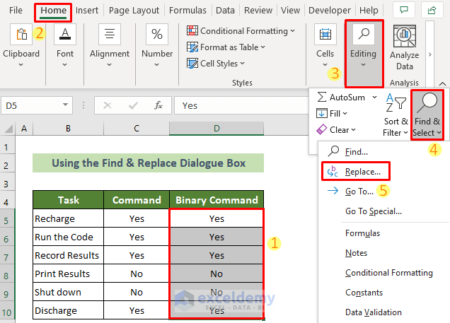 Access to the Find & Replace Dialogue Box to Make Yes 1 and No 0 in Excel