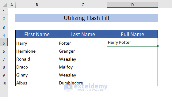 Utilizing Flash Fill to Merge Two Columns in Excel with First Name and Last Name
