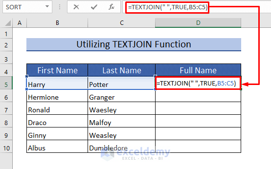 Utilizing TEXTJOIN Function to Merge Two Columns in Excel with First Name and Last Name