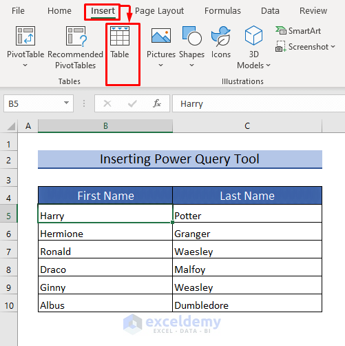 Inserting Power Query Tool to Merge Two Columns in Excel with First Name and Last Name
