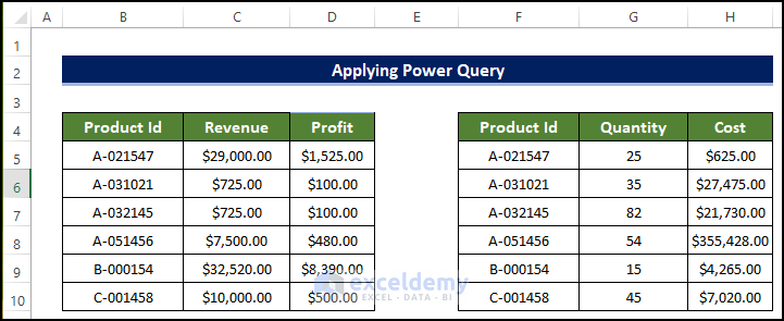 Applying Power Query to merge two tables in excel