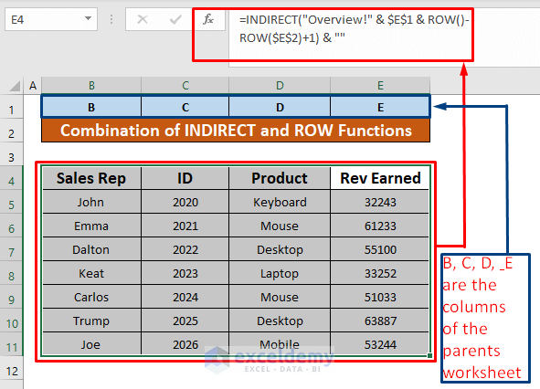 Combine INDIRECT and ROW Functions to Mirror Table in Excel