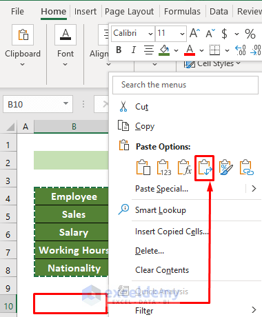 Select Transpose Paste Option to Move Rows in Excel to Columns
