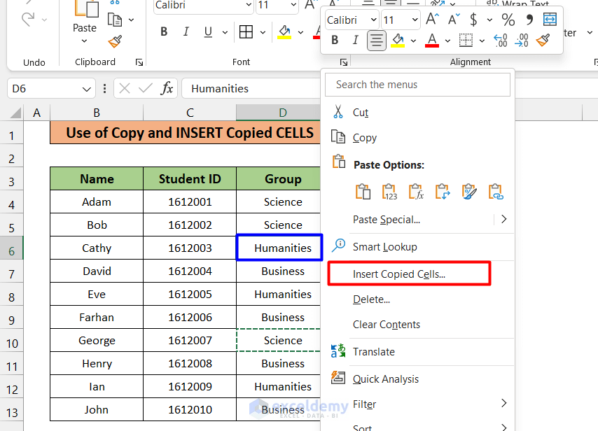 Utilize Insert Copied Cells Command to Move Up and Down