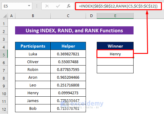 Using INDEX, RAND, and RANK Functions to Randomly Select Without Duplicates