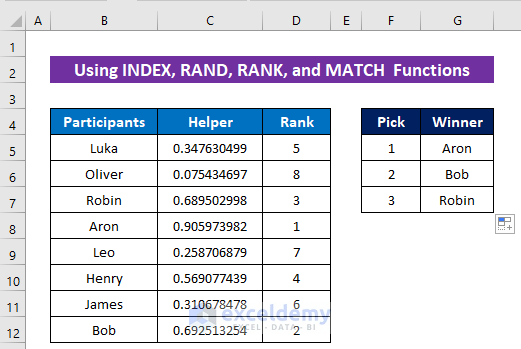 Randomly Select Multiple Unique Values Using INDEX, RAND, RANK, and MATCH Functions