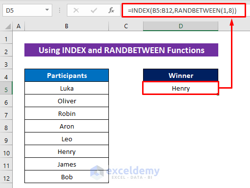 Using INDEX and RANDBETWEEN Functions to Select from a List Randomly