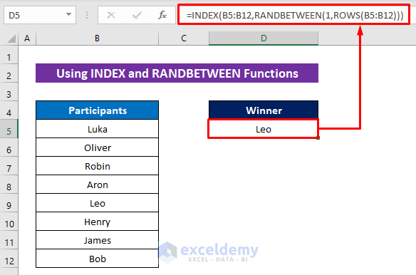 Using INDEX and RANDBETWEEN Functions to Select from a List Randomly