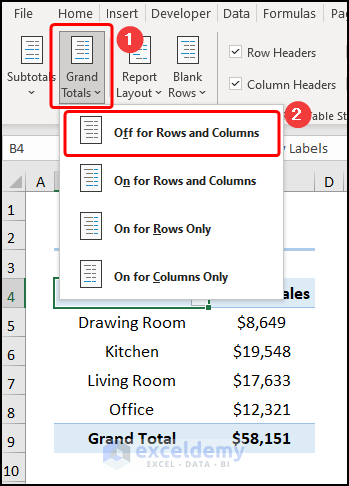 How to Remove Grand Total from Pivot Table Using Design Tool