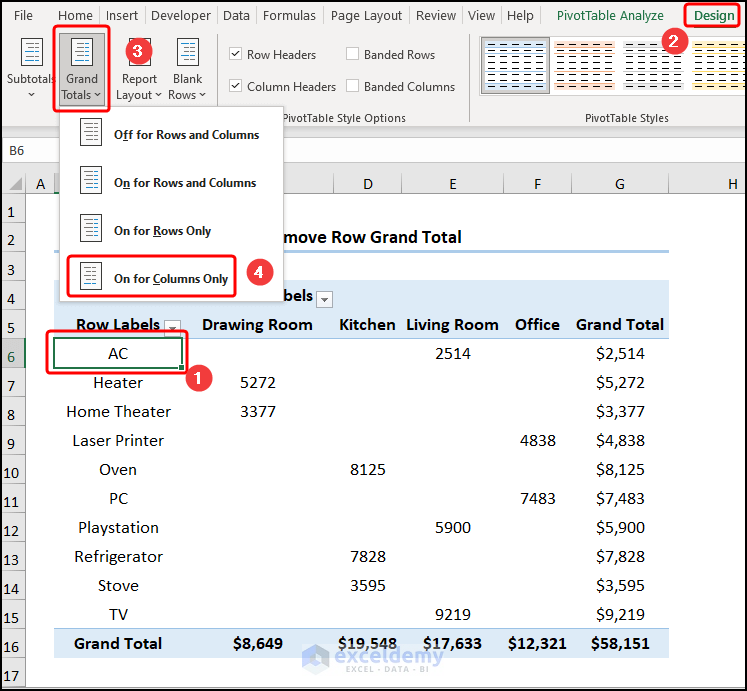 How to Remove Row Grand Total from Pivot Table 