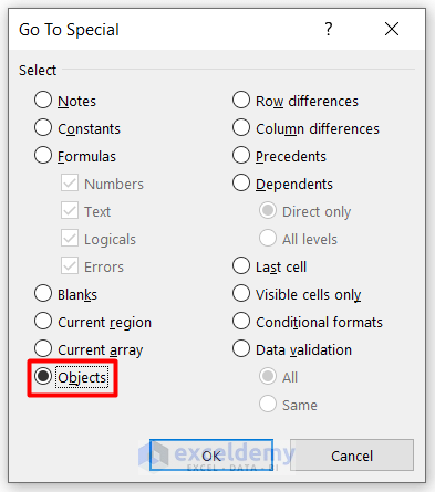 Remove Objects in Excel with Go To Special Feature