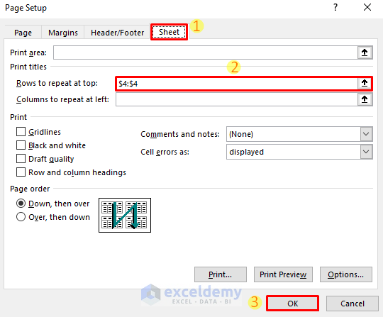 Customize Page Setup Options to Repeat Rows in Excel when Printing
