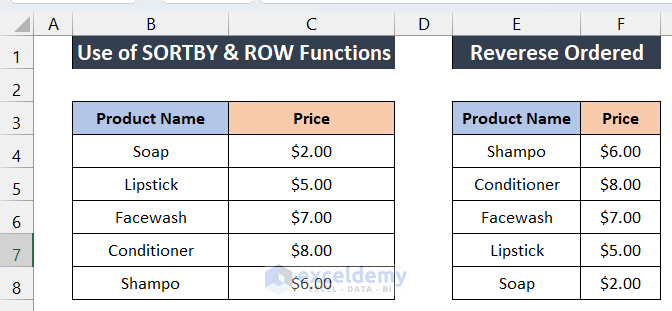 Use SORTBY and ROW Function to Reverse Column in Excel.