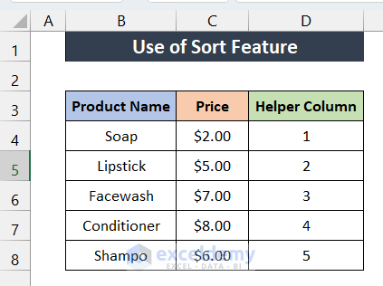 Use Sort Feature to Reverse Column Order in Excel
