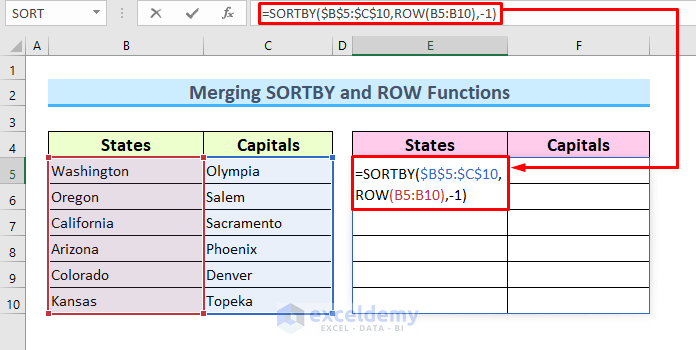  Merging SORTBY and ROW Functions Reverse Data in Excel Cell