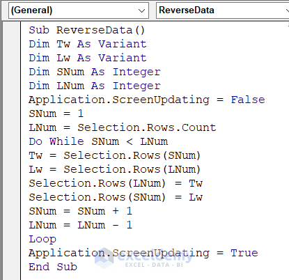 Insert Excel VBA Code for Reversing Chart Data