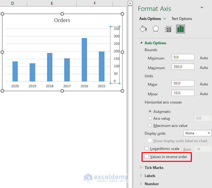 Using Excel Format Axis Option to Reverse X and Y Axis