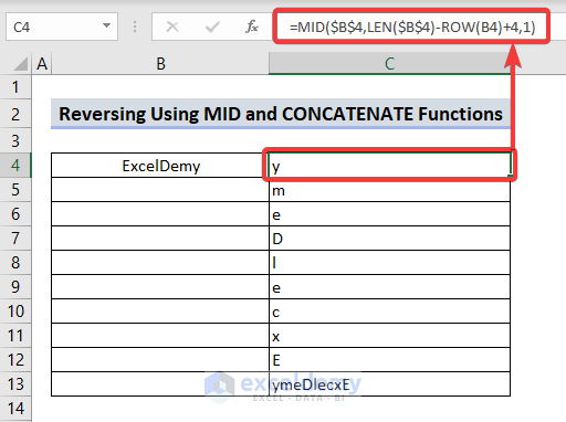 Using MID and CONCATENATE Functions to Reverse a String in Excel