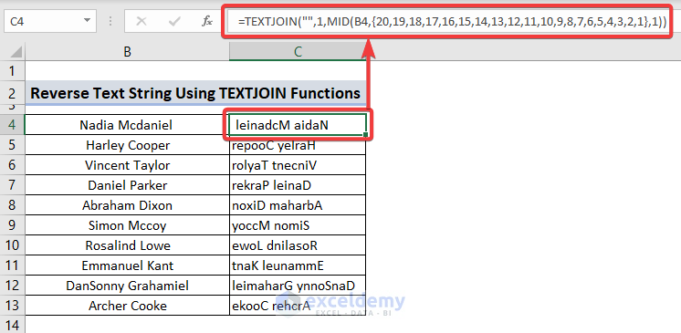 Apply TEXTJOIN and MID functions to reverse string in excel