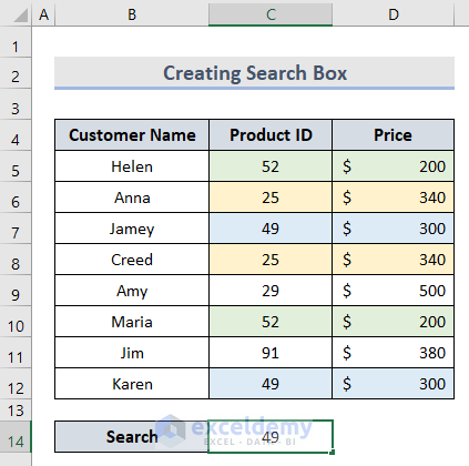 See Highlighted Cells by Creating Search Box in Excel