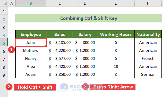 Combine Ctrl and Shift Key to Select Large Data in Excel Without Formatting
