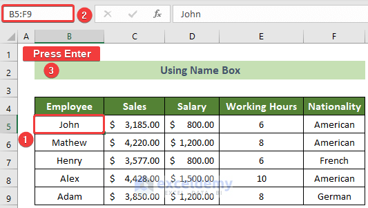 Using Name Box to Select Large Data in Excel Without Dragging