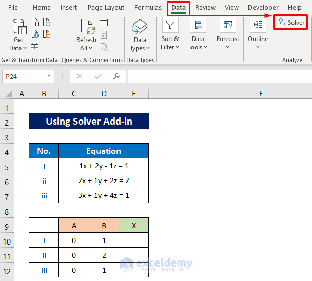 Applying Excel Solver Add-in to Solve System of Equations