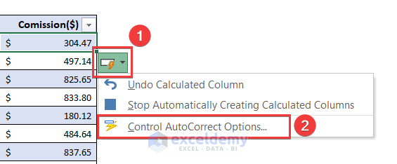 Selecting “Control AutoCorrect Options”