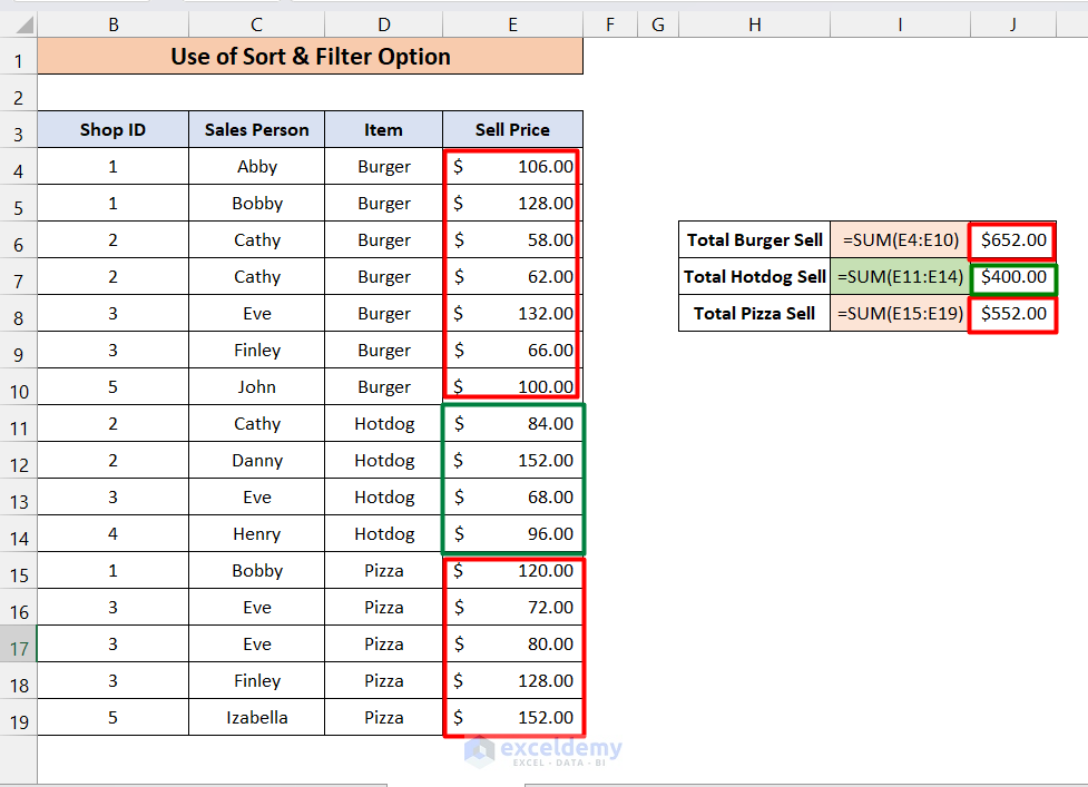 Apply Sort & Filter Option to Summarize Data