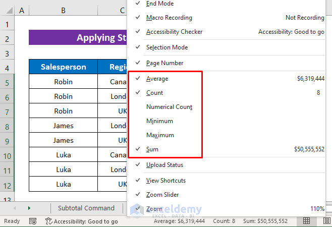 Selecting functions for Subtotals from context menu