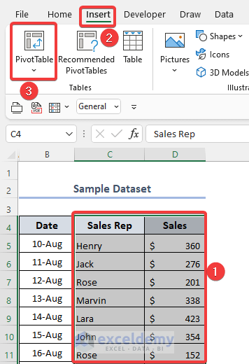 Insert tab and then Pivot Table