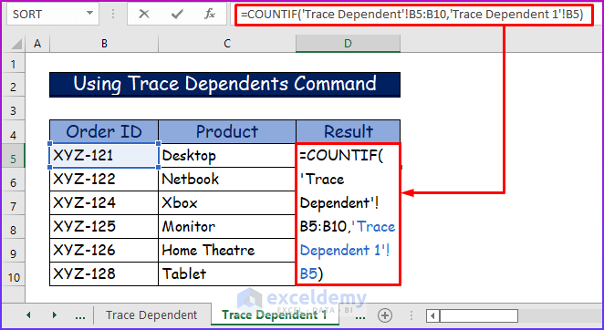 Inserting COUNTIF Formula for Using Trace Dependents Command to Trace Dependents Across Sheets in Excel