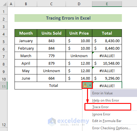 Choose the Trace Error Option to Trace Errors in Excel