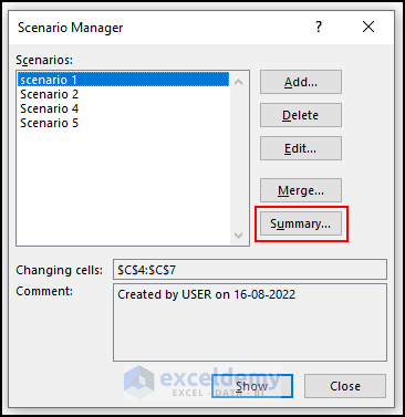 Create Scenario Summary from scenario manager