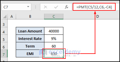 EMI Calculation using PMT Function