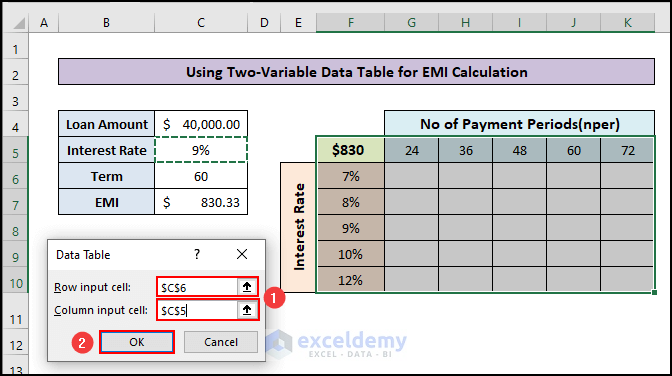 Select Row and Column input cell for EMI Calculation