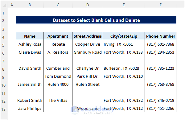 Excel dataset with blank cells which we will select and delete in this article