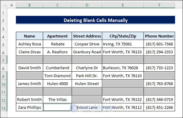 manually selected blank cells
