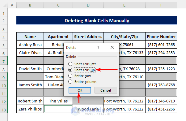 choose option to shift cells after deleting the blank cells