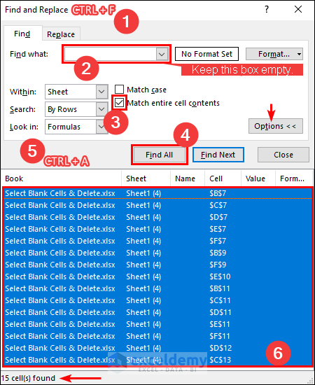 use the Find command to select blank cells